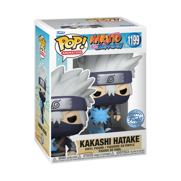 Figura de vinilo Funko Pop! de Kakashi Hatake de Naruto Shippuden en caja con chidori azul.