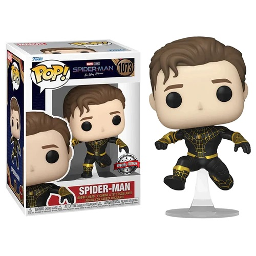 Funko Pop di Spider-Man in costume nero e oro, in posa a mezz'aria vicino alla scatola.