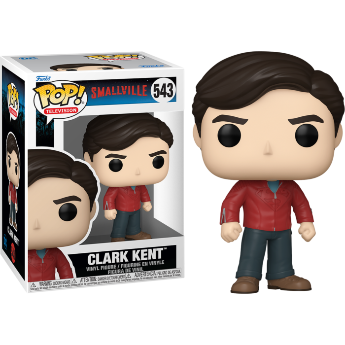 Clark Kent Funko Pop Figur in roter Jacke und blauen Jeans neben der Verpackung.