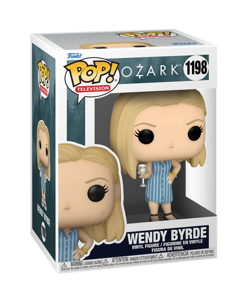 Caja Funko Pop de Wendy Byrde de Ozark, con una figura de vinilo rubia con vestido azul a rayas y sosteniendo un vaso.