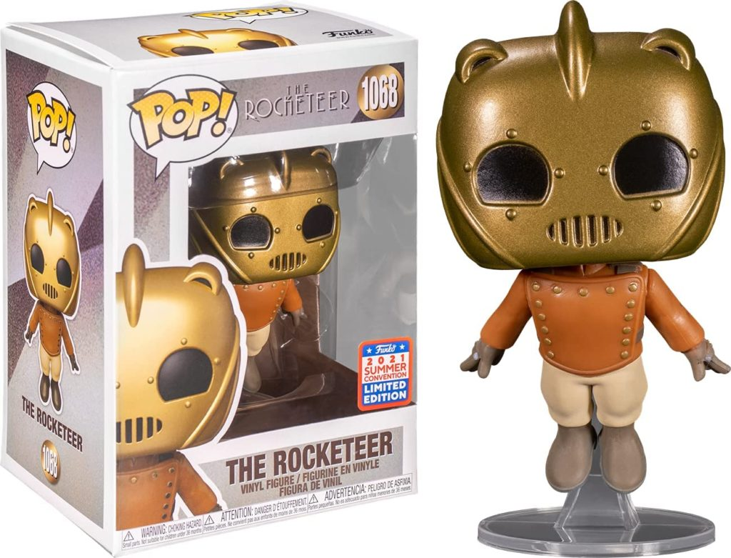 Figura Funko Pop de The Rocketeer con casco dorado y chaqueta naranja, junto a su caja.