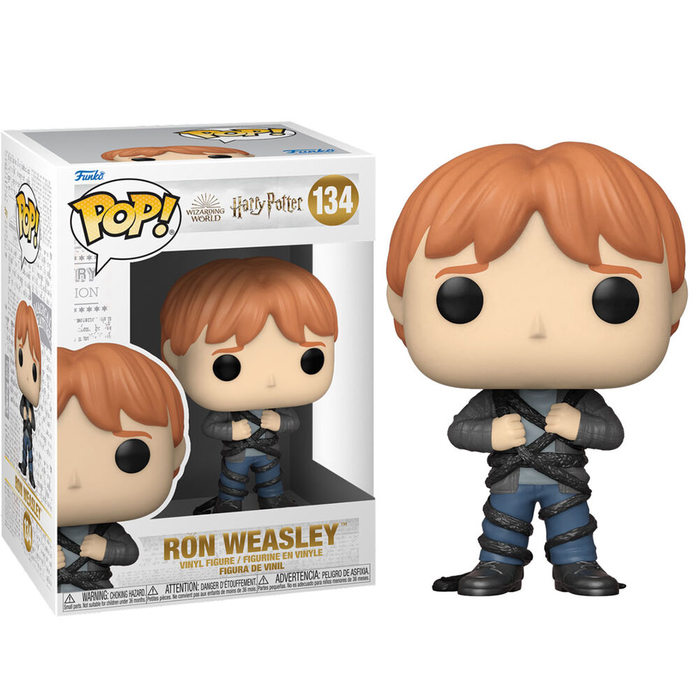 Figura Funko Pop Ron Weasley w pudelku, owinieta czarnymi pędami Diabelskich Sznurów.