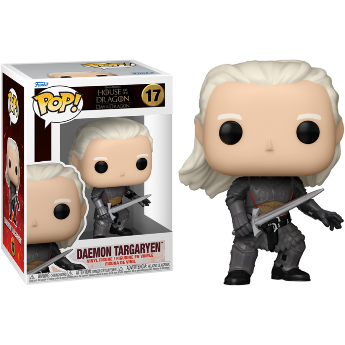 Figura Funko Pop de Daemon Targaryen con armadura y espada, junto a su caja.