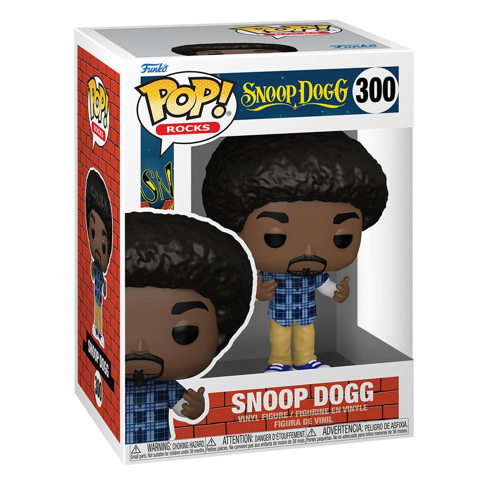 Funko Pop Rocks Snoop Dogg Vinyl-Figur in Box mit blauem Karohemd und Afro.