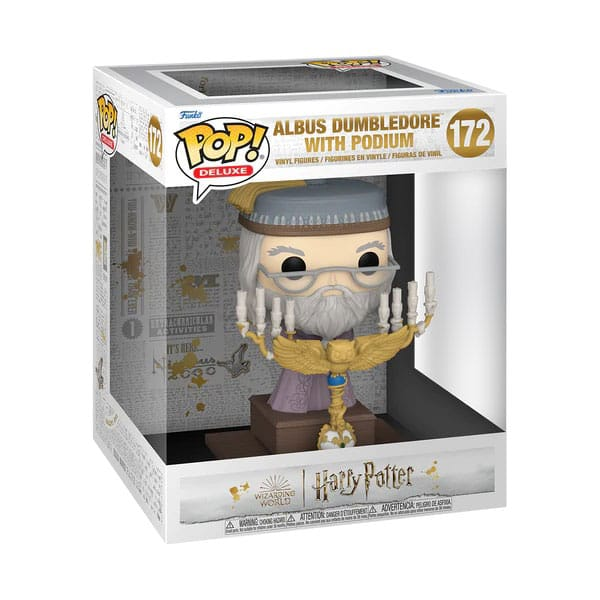Figura Funko Pop Deluxe de Albus Dumbledore con podio dentro de su caja original.
