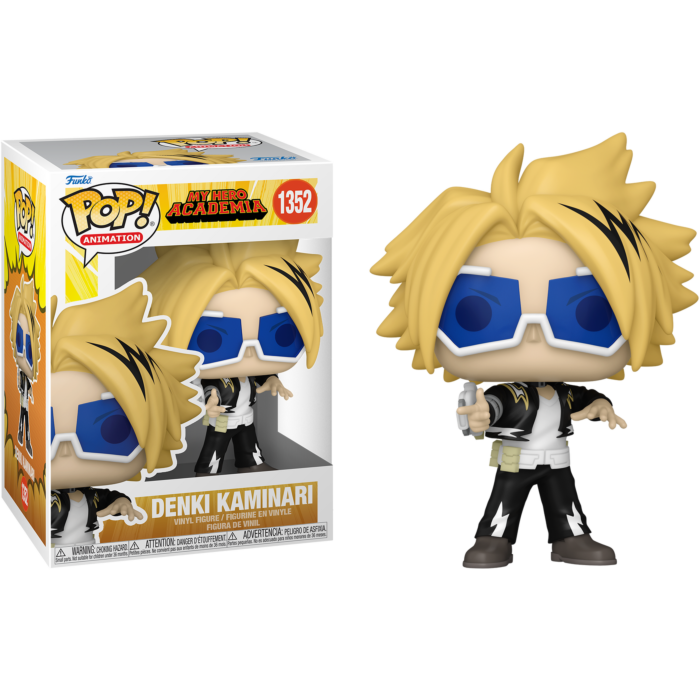 Denki Kaminari Funko Pop Figur mit gelben Haaren, blauen Brillen und schwarzer Jacke neben seiner Verpackung.