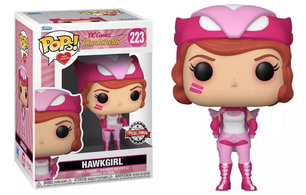 Hawkgirl Funko Pop Vinyl-Figur in Rosa und Weiß, in der Verpackung und separat stehend.