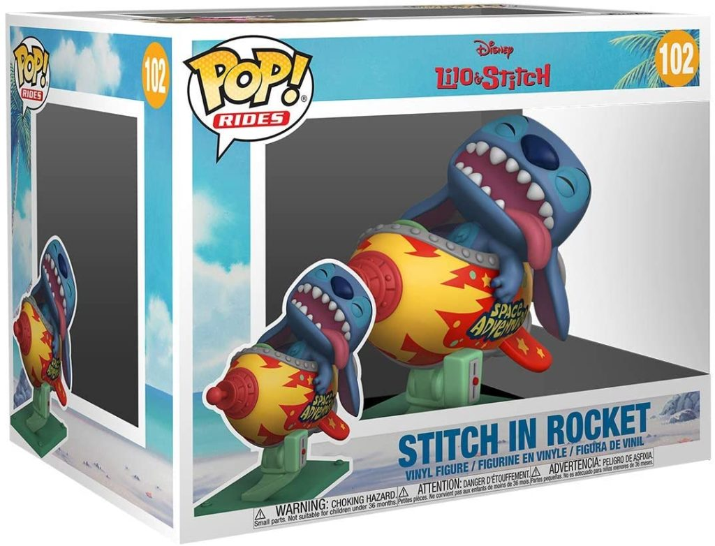 Winylowa figurka Pop! Rides przedstawiająca Stitcha z Disney'a w rakiecie w opakowaniu.