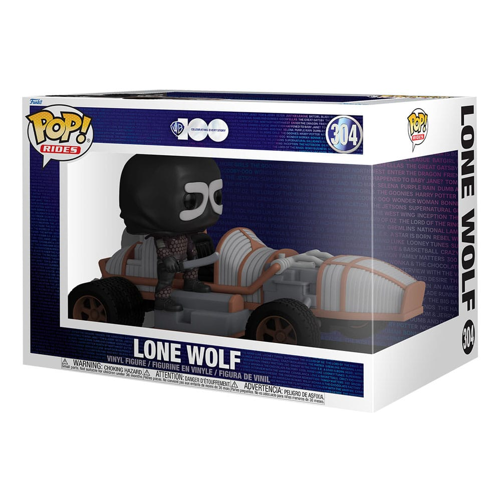Una figura de vinilo Lone Wolf Pop! Rides en una caja de coleccionista, sentado en un buggy gris.