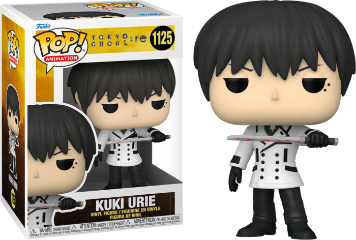 Figura in vinile Pop! Animation di Kuki Urie da Tokyo Ghoul:re nella confezione e accanto.