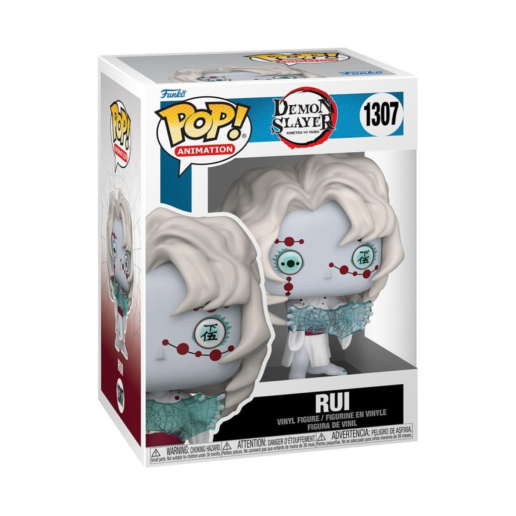 Funko Pop! Figur von Rui aus Demon Slayer in der Originalverpackung mit weißem Haar und Muster im Gesicht.