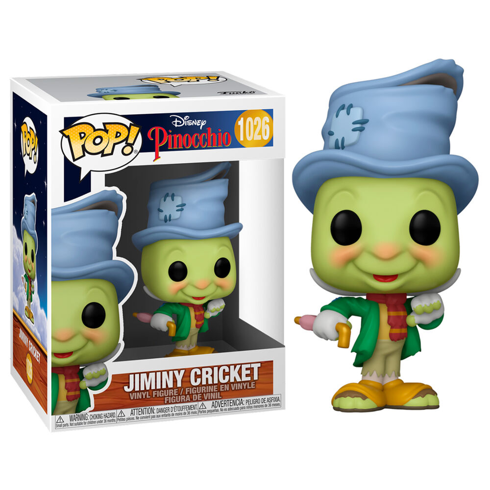 Figura de vinilo Funko Pop de Jiminy Cricket con sombrero azul, abrigo verde y paraguas, junto a su caja.
