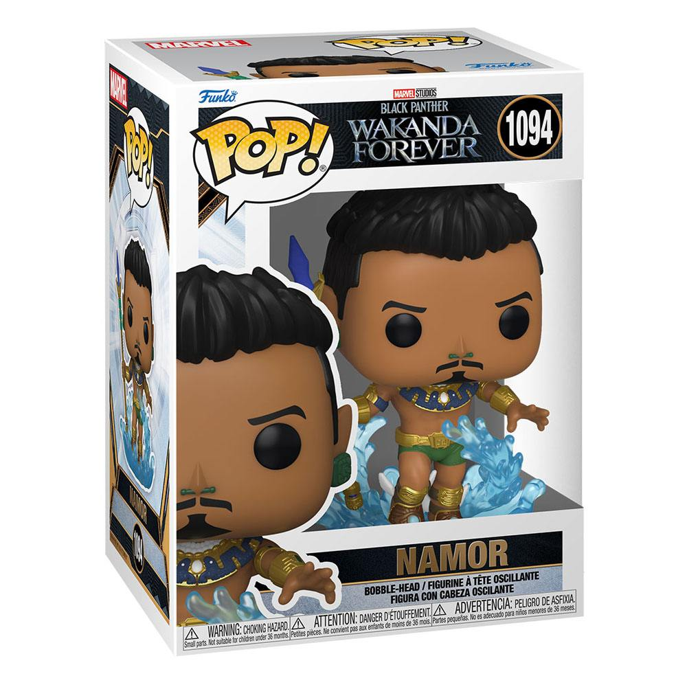 Figura de vinilo Funko Pop de Namor de Marvel Wakanda Forever en su caja.