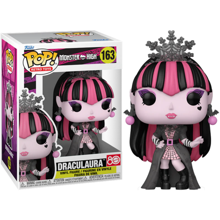 Figura Funko Pop de Monster High Draculaura con caja, cabello negro y rosa y tiara de telaraña.