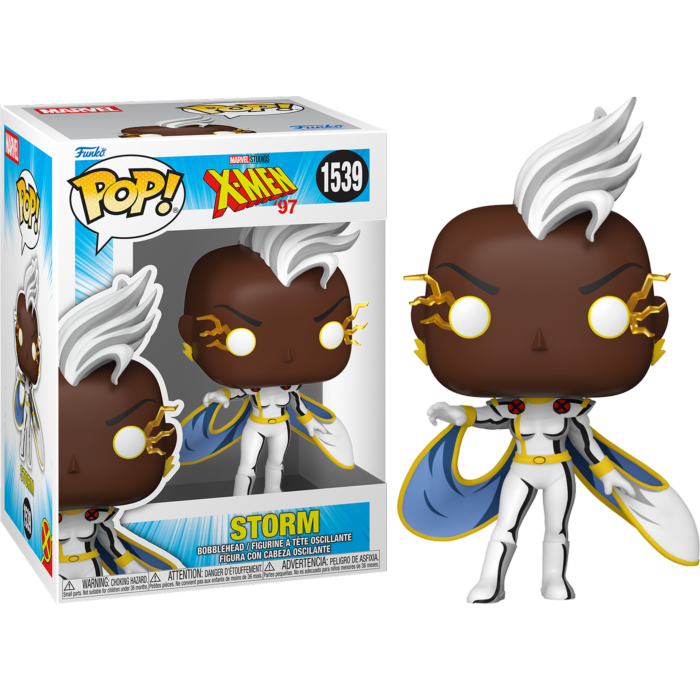 X-Men '97 Storm Funko Pop Figur mit weißem Haar und Blitzen neben ihrer Verpackung.