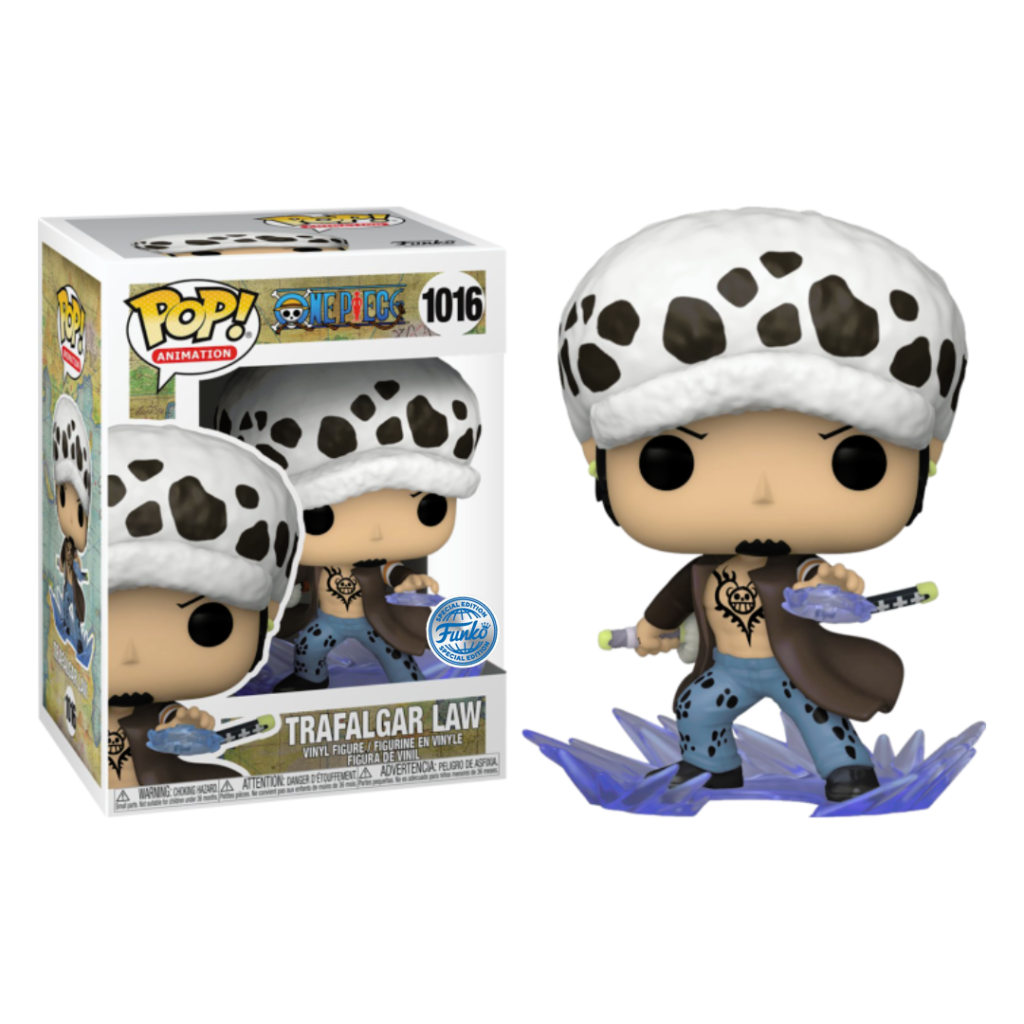 One Piece Trafalgar Law Funko Pop Figur neben ihrer Schachtel mit Sonderausgaben-Aufkleber.