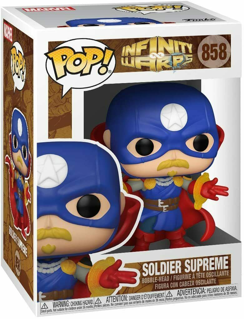 Marvel Funko Pop Figur Soldier Supreme in ungeöffneter Sammlerbox mit weißem und blauem Design.
