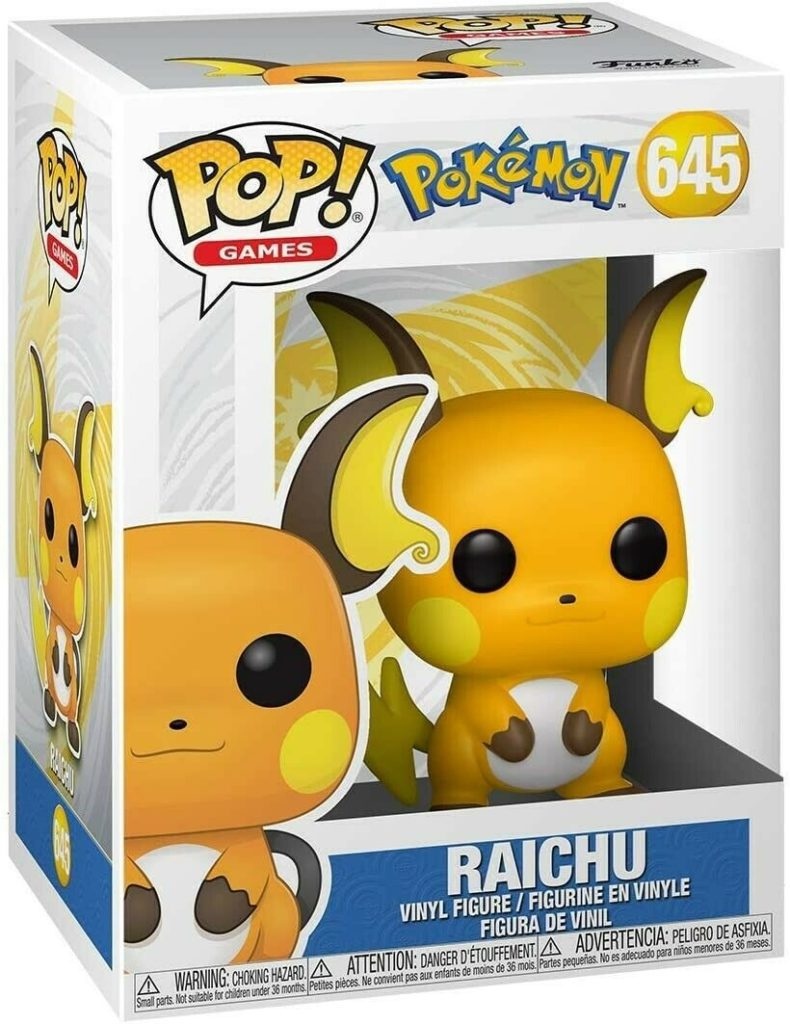 Une figurine en vinyle Pop! Games Raichu dans une boîte blanche et bleue avec graphismes.