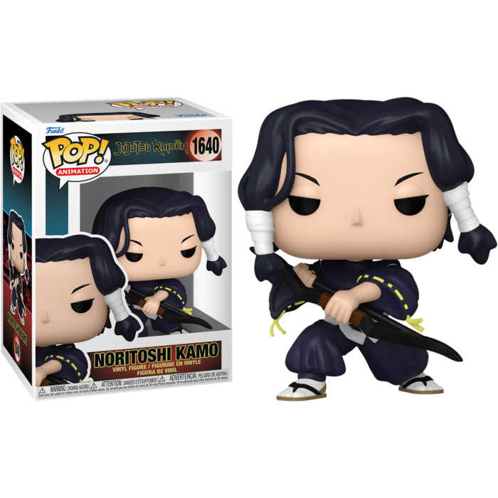 Figura Funko Pop de Noritoshi Kamo con un arco, junto a su caja original sobre fondo negro.