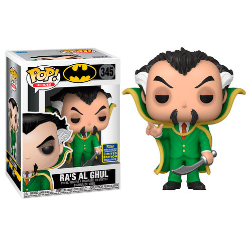 Ra's al Ghul Pop! Vinylfigur mit Schwert und grünem Anzug, daneben die dazugehörige Verpackung.