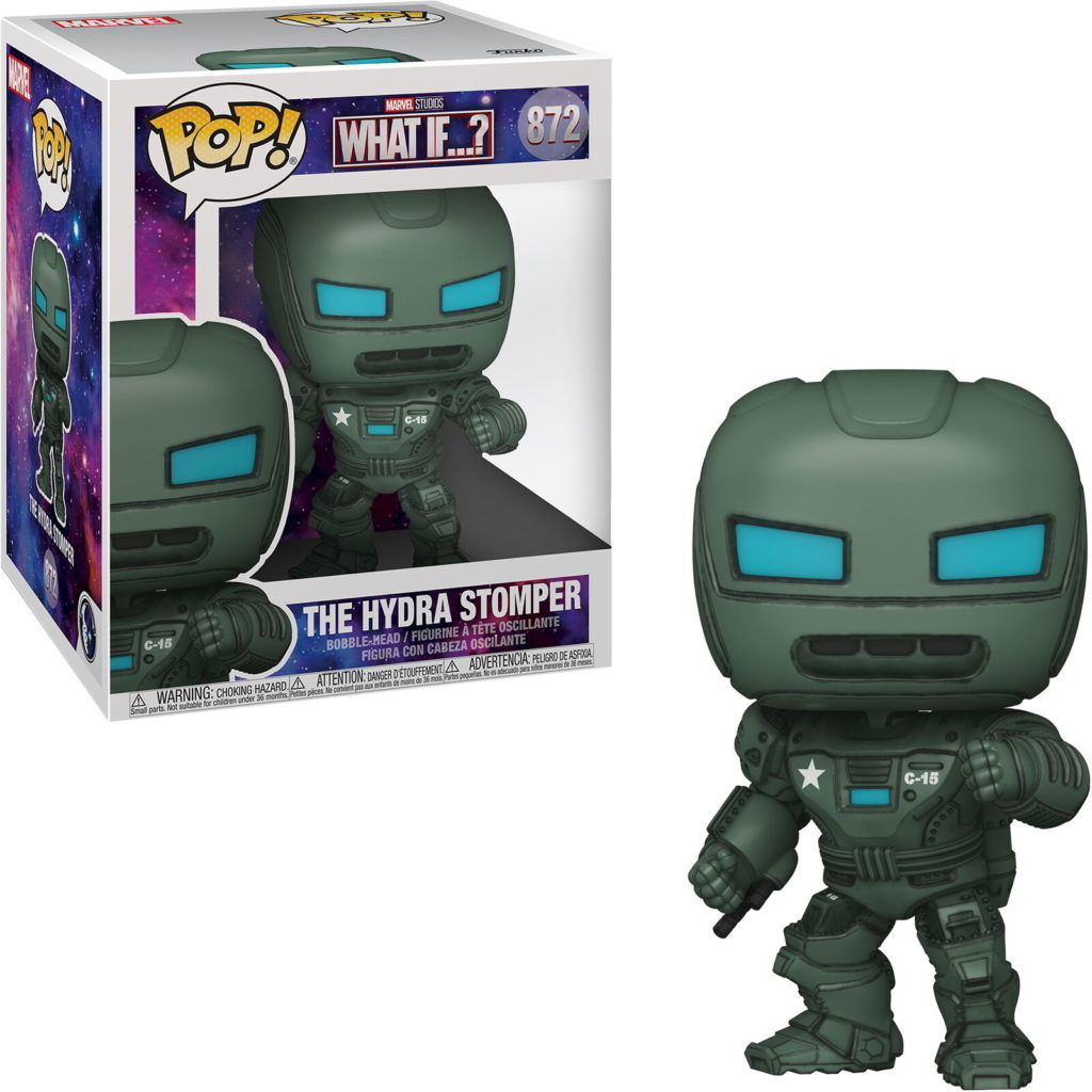 Funko Pop Figur "The Hydra Stomper" in olivgrün mit blauen leuchtenden Augen vor seiner Verpackung.