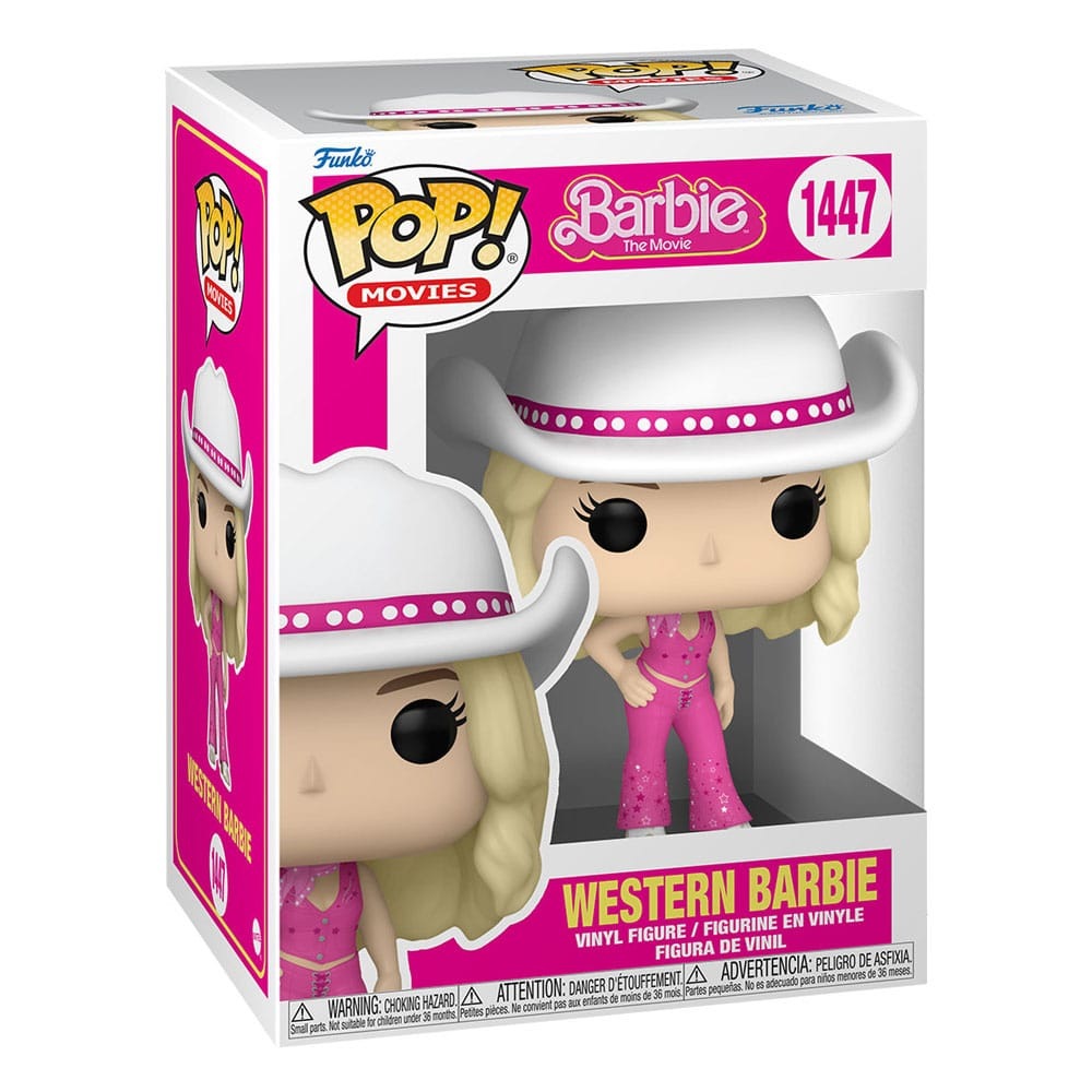 Figura de vinilo Funko Pop Western Barbie en su caja original con sombrero blanco y traje rosa.