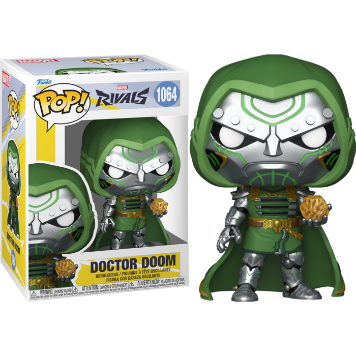 Funko Pop Marvel Rivals Doctor Doom Figur neben ihrer Verpackung mit grünem Umhang und silberner Rüstung.