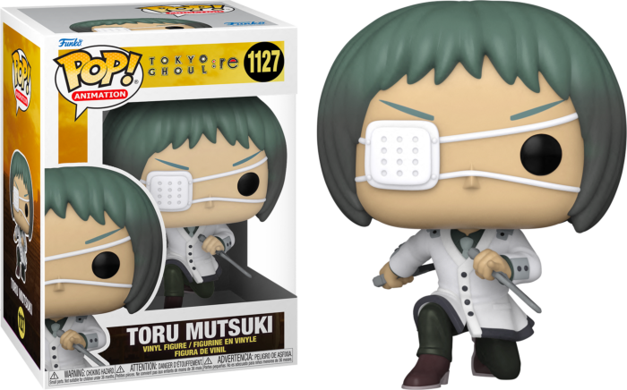 Figura Funko Pop de Toru Mutsuki con cabello verde y un parche blanco en una caja.
