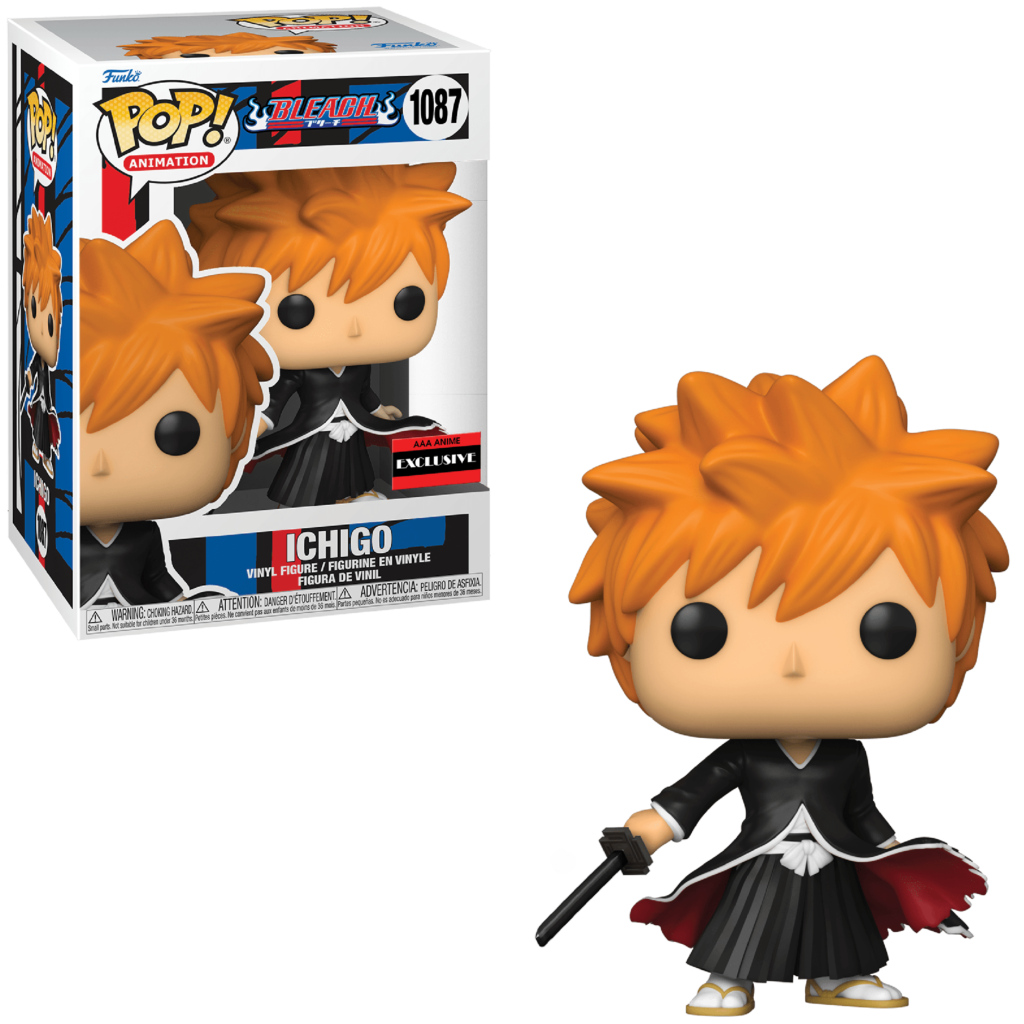 Eine Ichigo-Funko-Pop-Figur mit orangem Haar und schwarzem Kimono steht neben ihrer Produktverpackung.