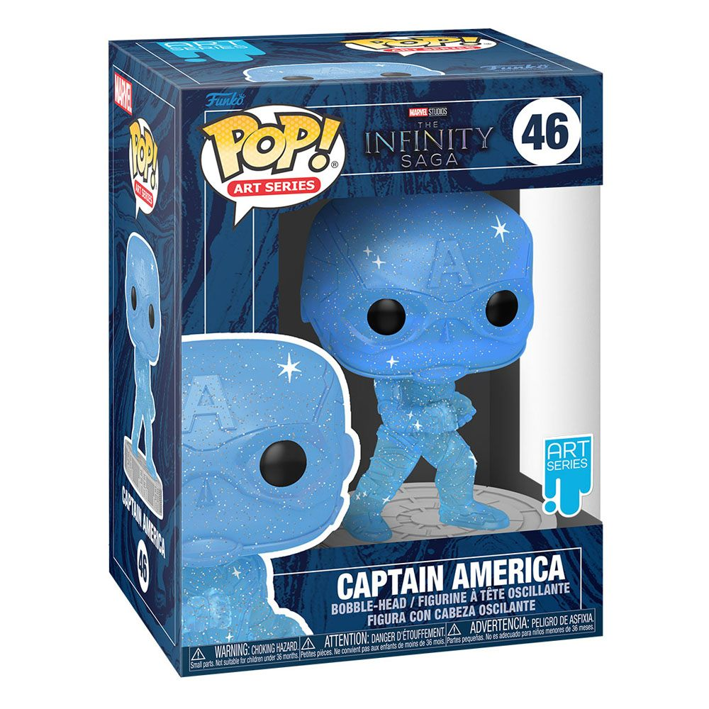 Una figura de Funko Pop Captain America en caja azul con patrón de estrellas.