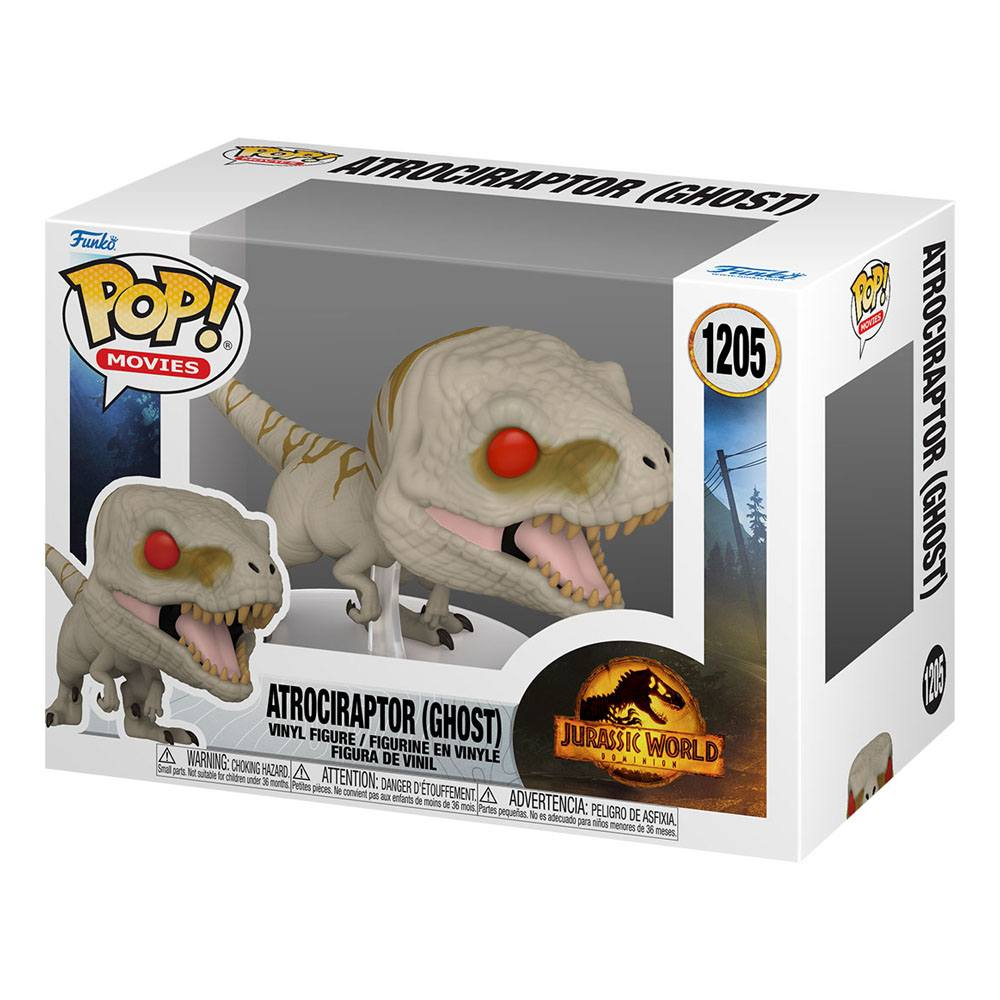 Eine Funko Pop Box für Atrociraptor Ghost aus Jurassic World Dominion mit der weiß-braunen Vinyl-Dinosaurierfigur im Inneren.