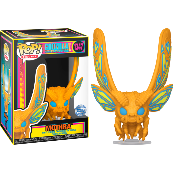 Eine gelbe Funko Pop Vinylfigur von Mothra mit großen blauen Augen und Flügeln, neben ihrer bunten Verpackung.