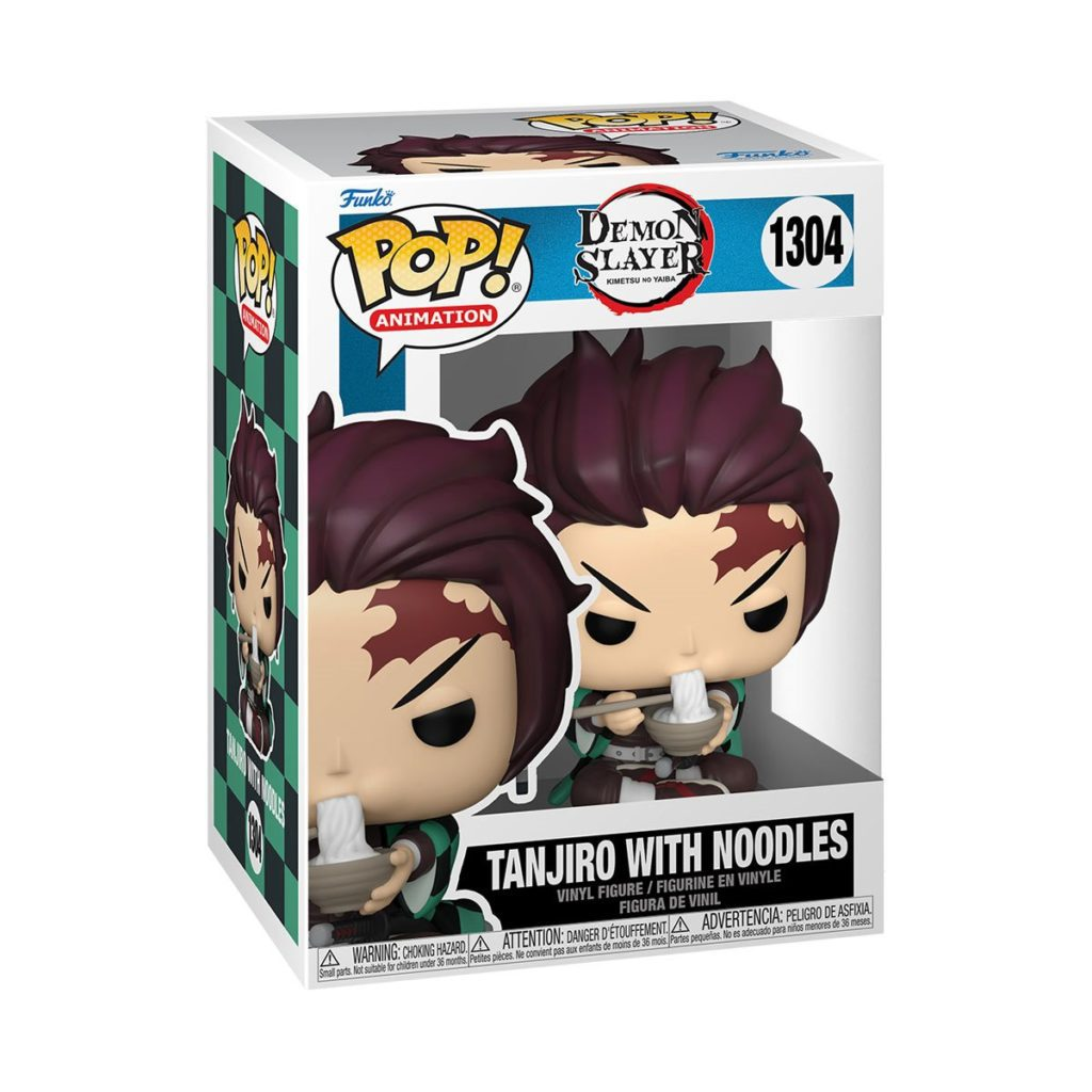 Demon Slayer Funko Pop Schachtel mit Tanjiro, der Nudeln isst, Figur Nummer 1304, in weiß-grüner Verpackung.