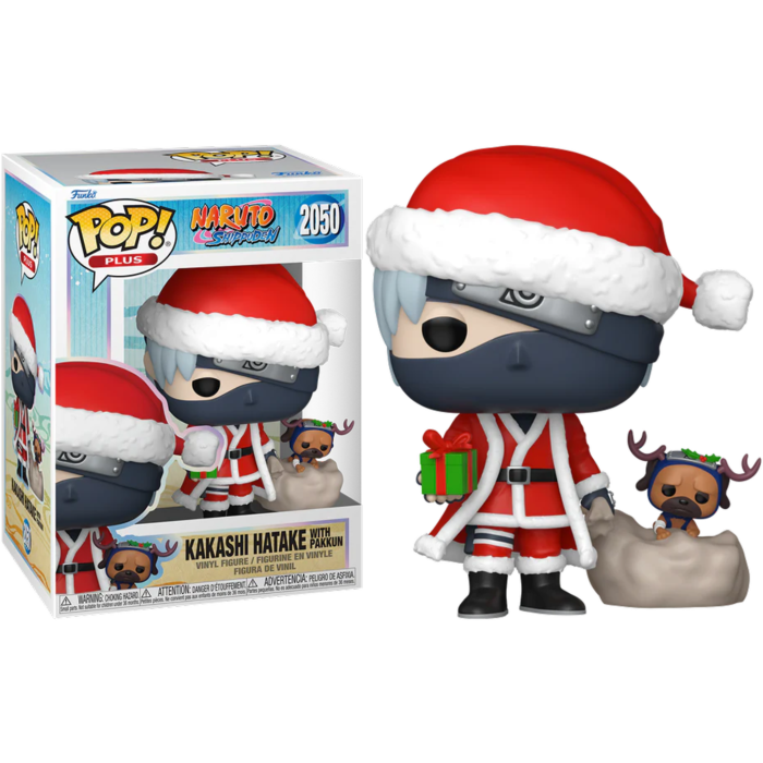 Figura Funko Pop de Kakashi Hatake con gorro navideño, regalo verde y el perro Pakkun junto a su caja ilustrada.
