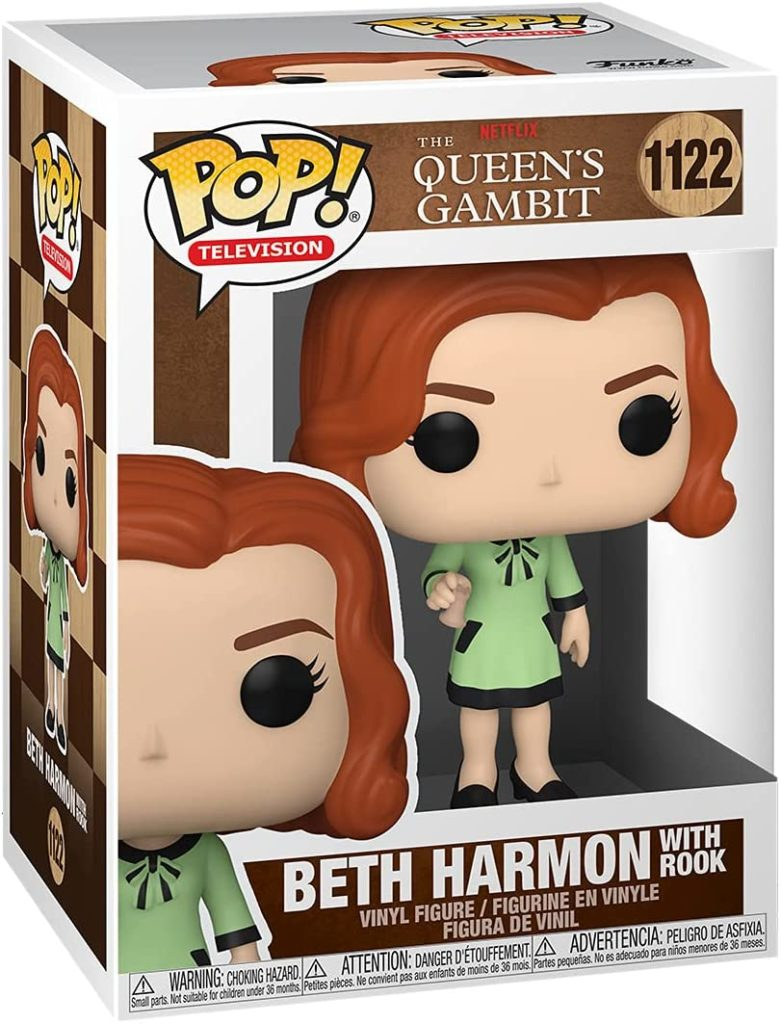 Caja Funko Pop de Beth Harmon con torre de Gambito de Dama, mostrando la figura de vinilo.
