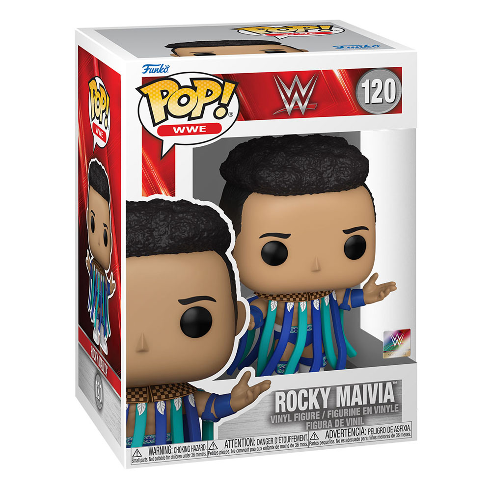 Eine Funko Pop Vinylfigur des WWE-Wrestlers Rocky Maivia in blauer und weißer Ringkleidung in der Verpackung.