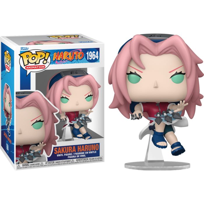 Figura Funko Pop de Sakura Haruno de Naruto con kunai, junto a su caja.