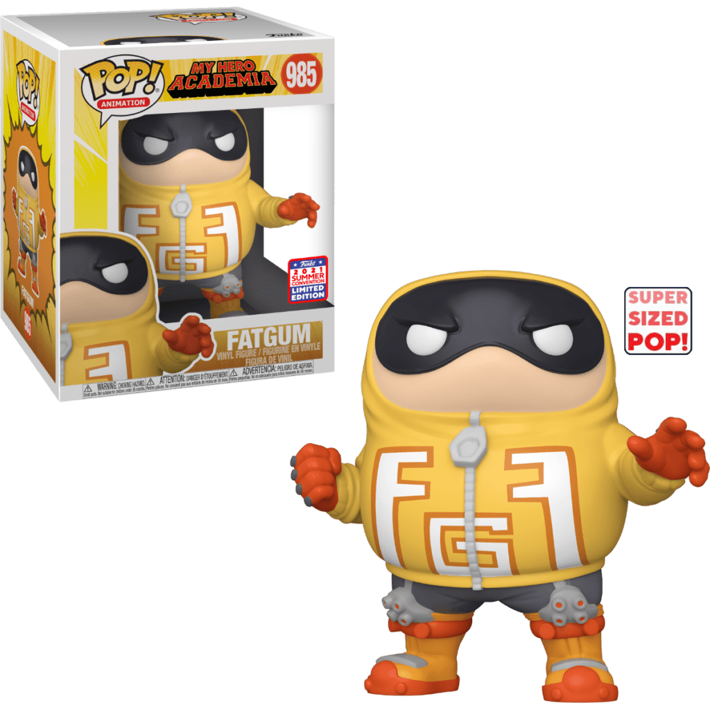Fatgum Pop-Vinylfigur aus My Hero Academia mit gelbem Kapuzenpulli neben der Verpackung.