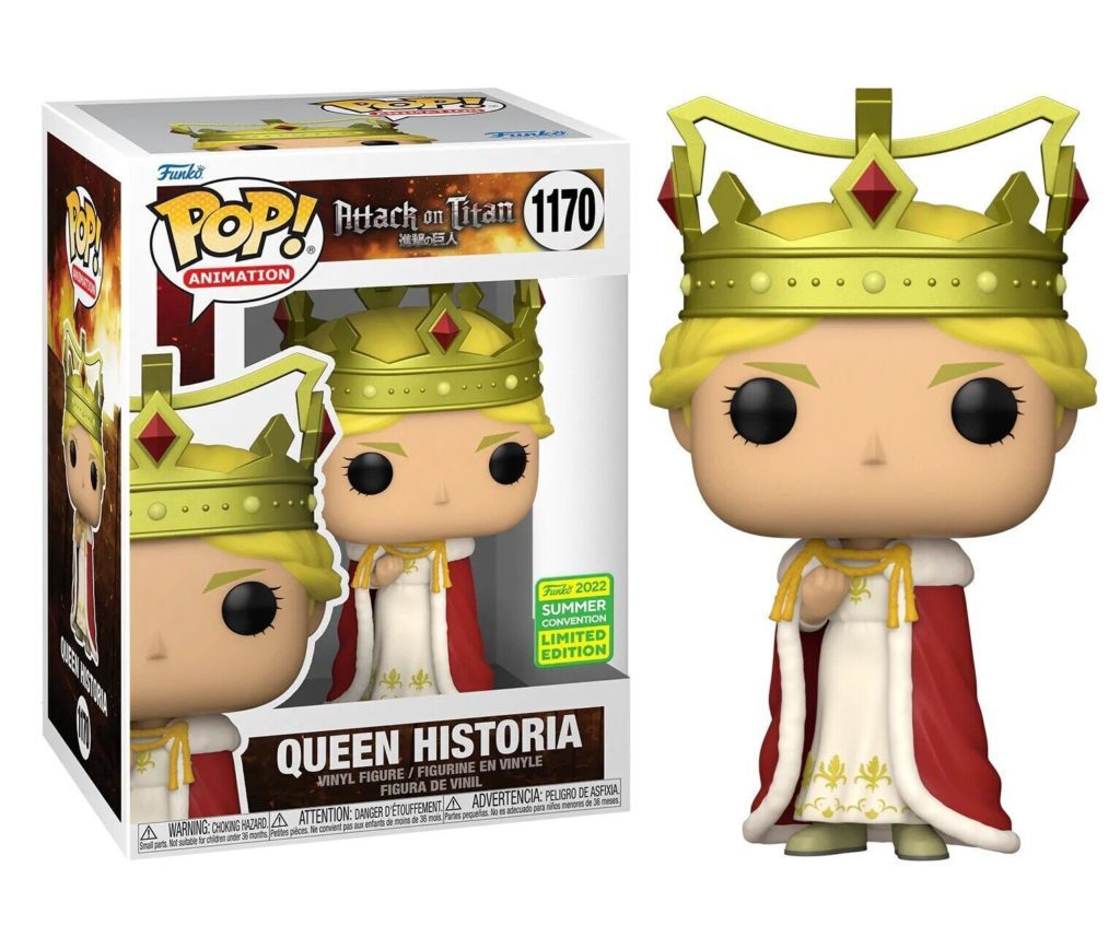 Funko Pop Figur von Queen Historia in ihrer Verpackung, mit goldener Krone, weißem Kleid und rotem Umhang.