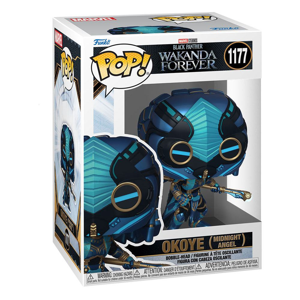 Caja Funko Pop con figura de Okoye Midnight Angel de Wakanda Forever, con armadura azul y bastón.
