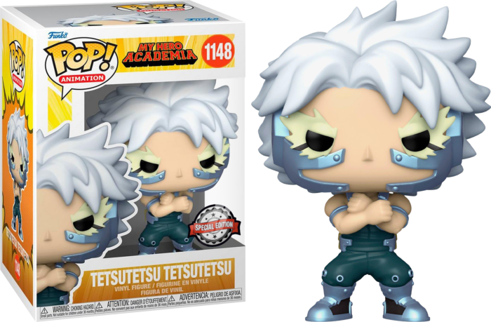 Funko Pop Figur von Tetsutetsu Tetsutetsu aus My Hero Academia mit weißem Haar und metallisch blauer Ausrüstung.