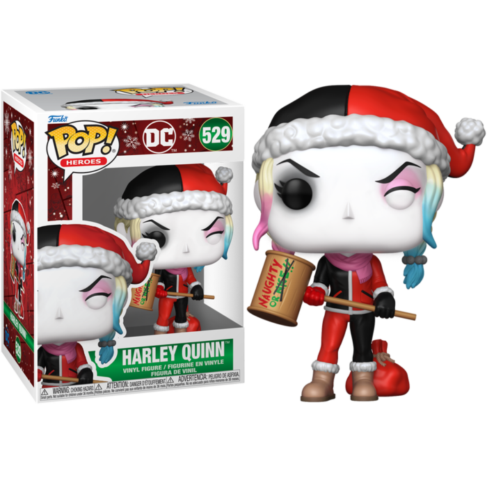 Figura de vinilo Funko Pop de Harley Quinn con traje navideño y un mazo, junto a su caja.