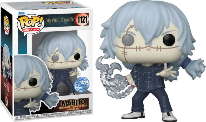 Figura Funko Pop Mahito z szarymi włosami i szwami na twarzy obok pudełka.