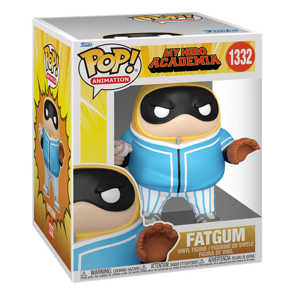 Figurine vinyle Funko Pop Fatgum de My Hero Academia en tenue rayée bleu et blanc avec un gant.