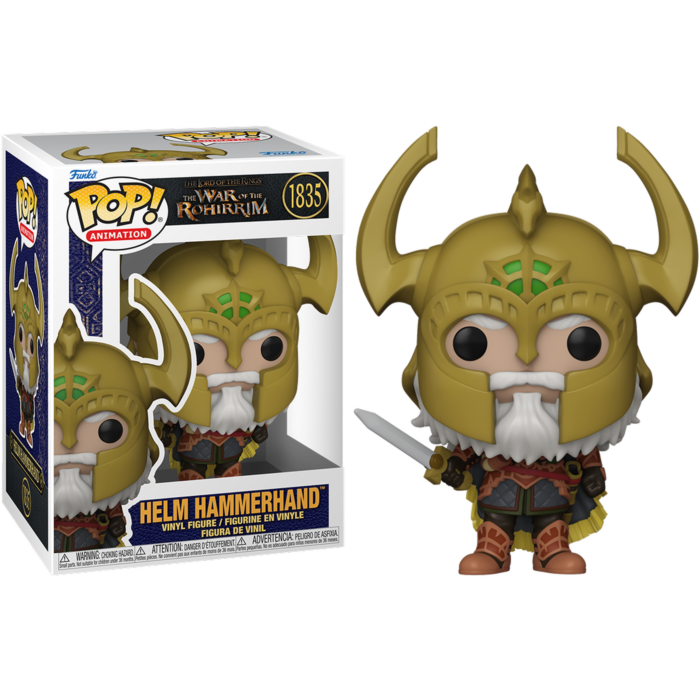 Figurka winylowa Funko Pop Helm Hammerhand z rogatym hełmem, białą brodą i mieczem obok swojego pudełka.
