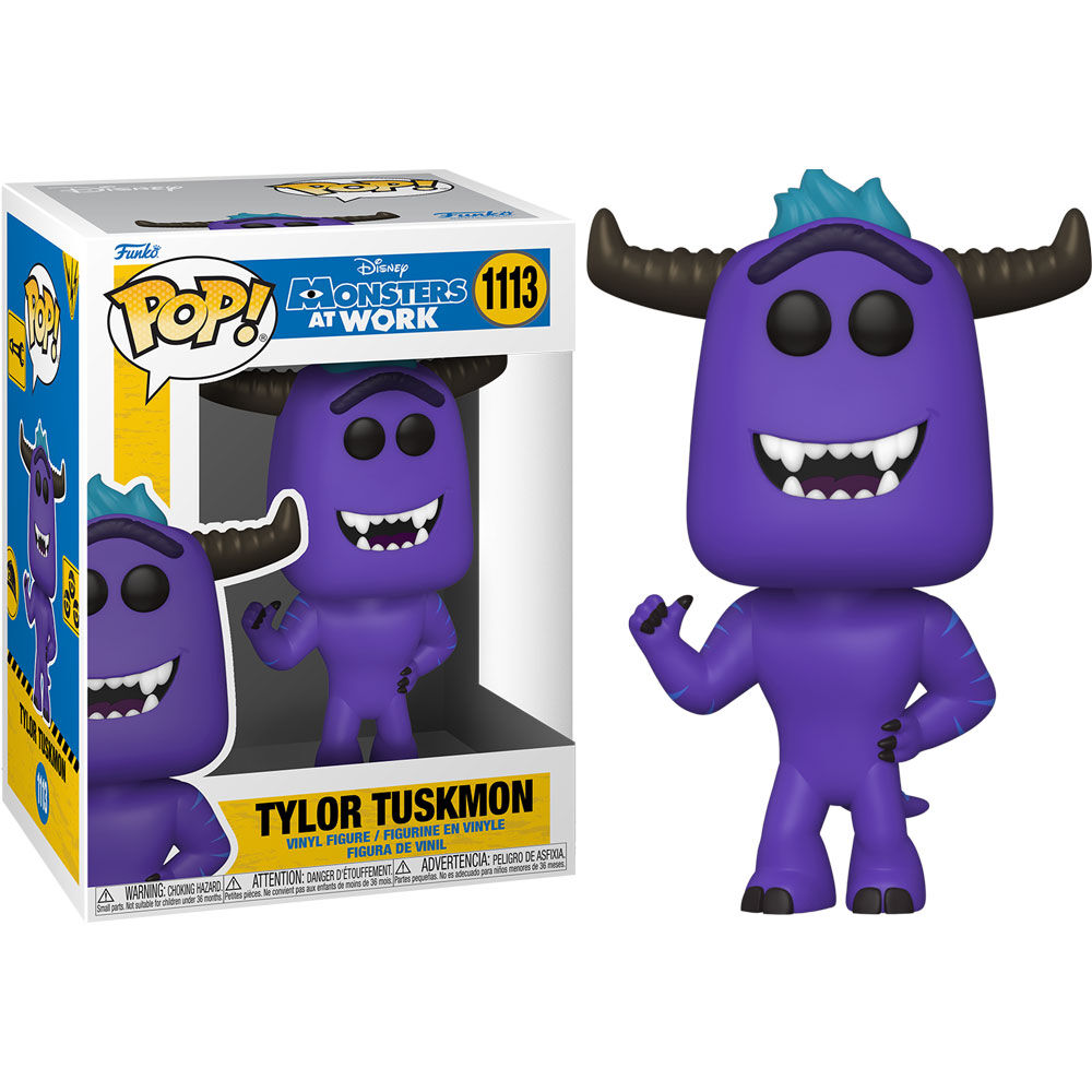 Figura Funko Pop morada de Tylor Tuskmon con cuernos junto a su caja colorida.