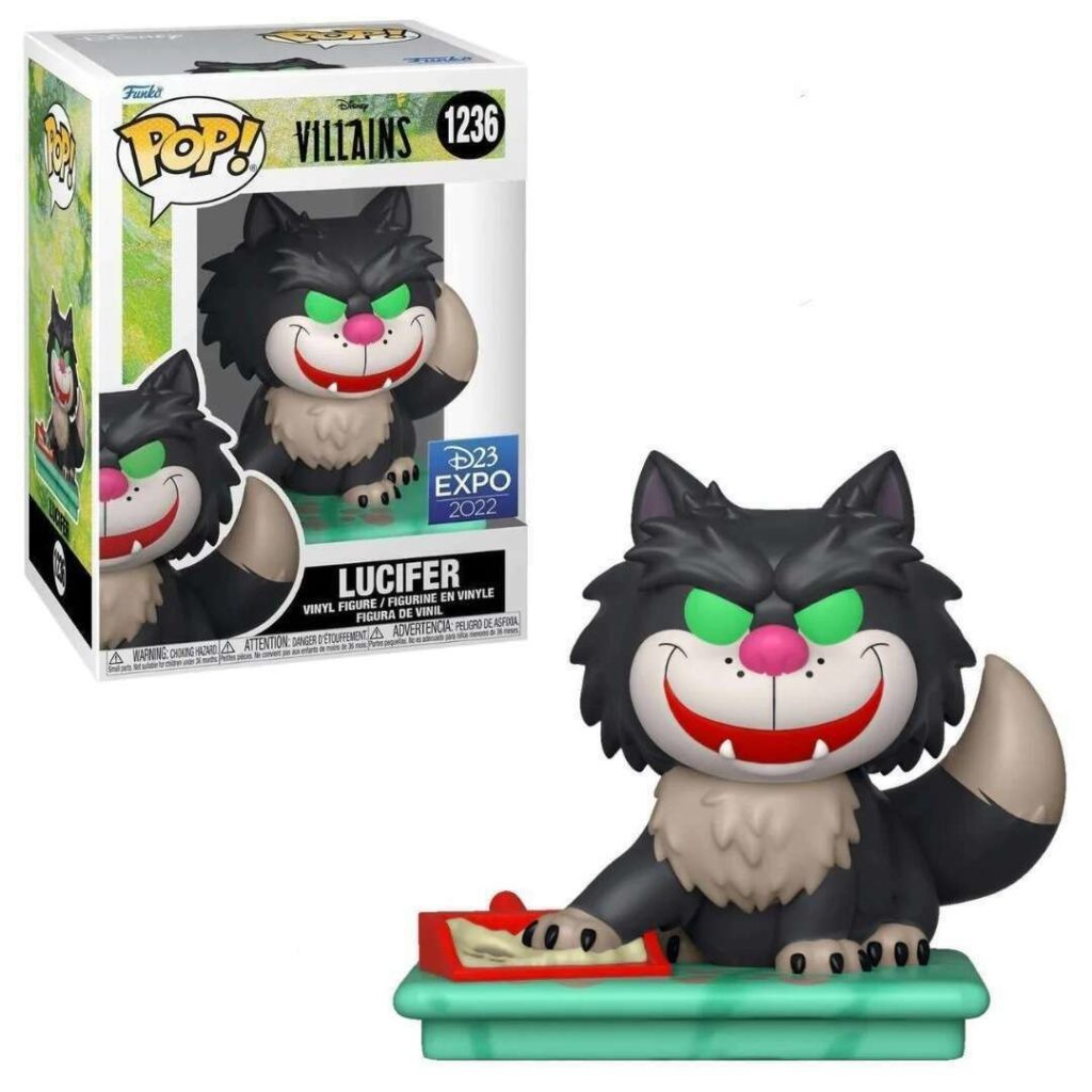 Lucifer Funko Pop Figur mit grünen Augen, rotem Mund und einem Futternapf neben seiner Box.