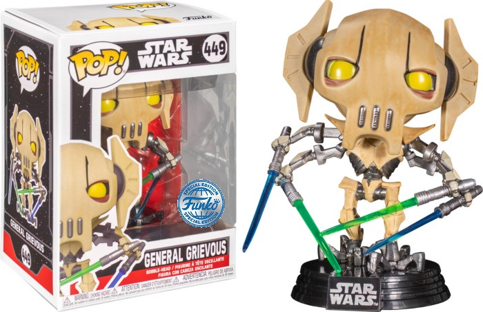 General Grievous Funko Pop Vinyl Figur mit Lichtschwertern neben seiner Verpackung.