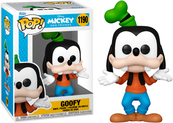 Goofy Funko Pop Vinyl-Figur in ihrer Originalverpackung vor schwarzem Hintergrund.