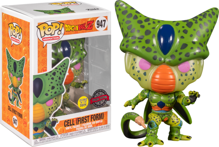 Figura in vinile Funko Pop di Cell prima forma da Dragon Ball Z, dentro e fuori dalla scatola.